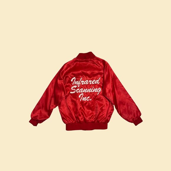 Vintage red 80s satin bomber windbreaker, size L "Infrared Scanning Inc." jacket - Picture 3 of 9